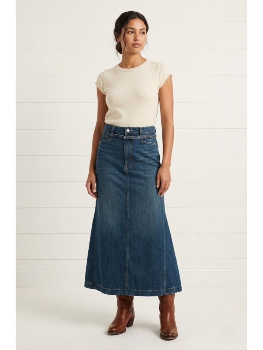 NWT Hugo BOSS Orange Peplum Denim Maxi in Indigo Flared Jean Skirt 30